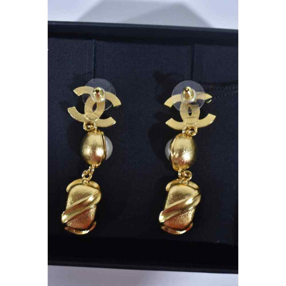 Chanel 22A Gold Pearl White Crystal XL Logo Large Dangle Drop Statement Earrings - Picture 11 of 12